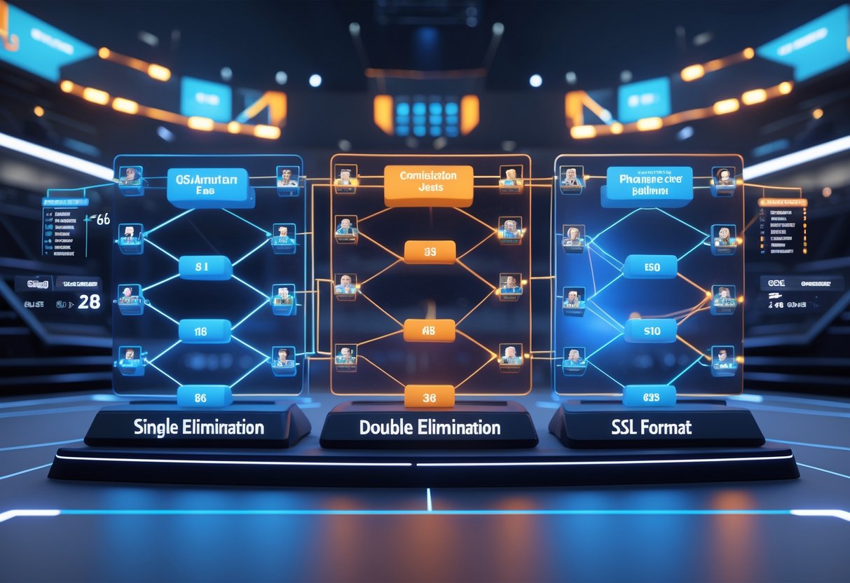 A 3D scene showing a digital display comparing three tournament formats with brackets and player icons, highlighting the GSL format with distinct colours in a futuristic esports arena.