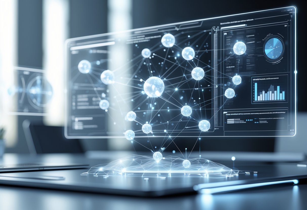 A 3D scene showing a futuristic digital network with interconnected nodes and glowing lines representing the organisation of questions and answers on a desk.