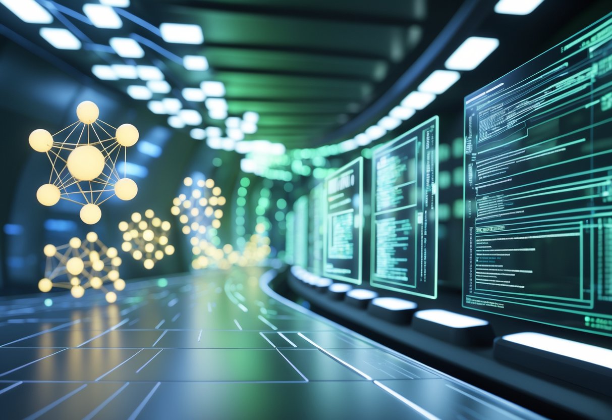 A 3D scene showing a flowing timeline of evolving digital structures and data streams representing the development of a digital format.