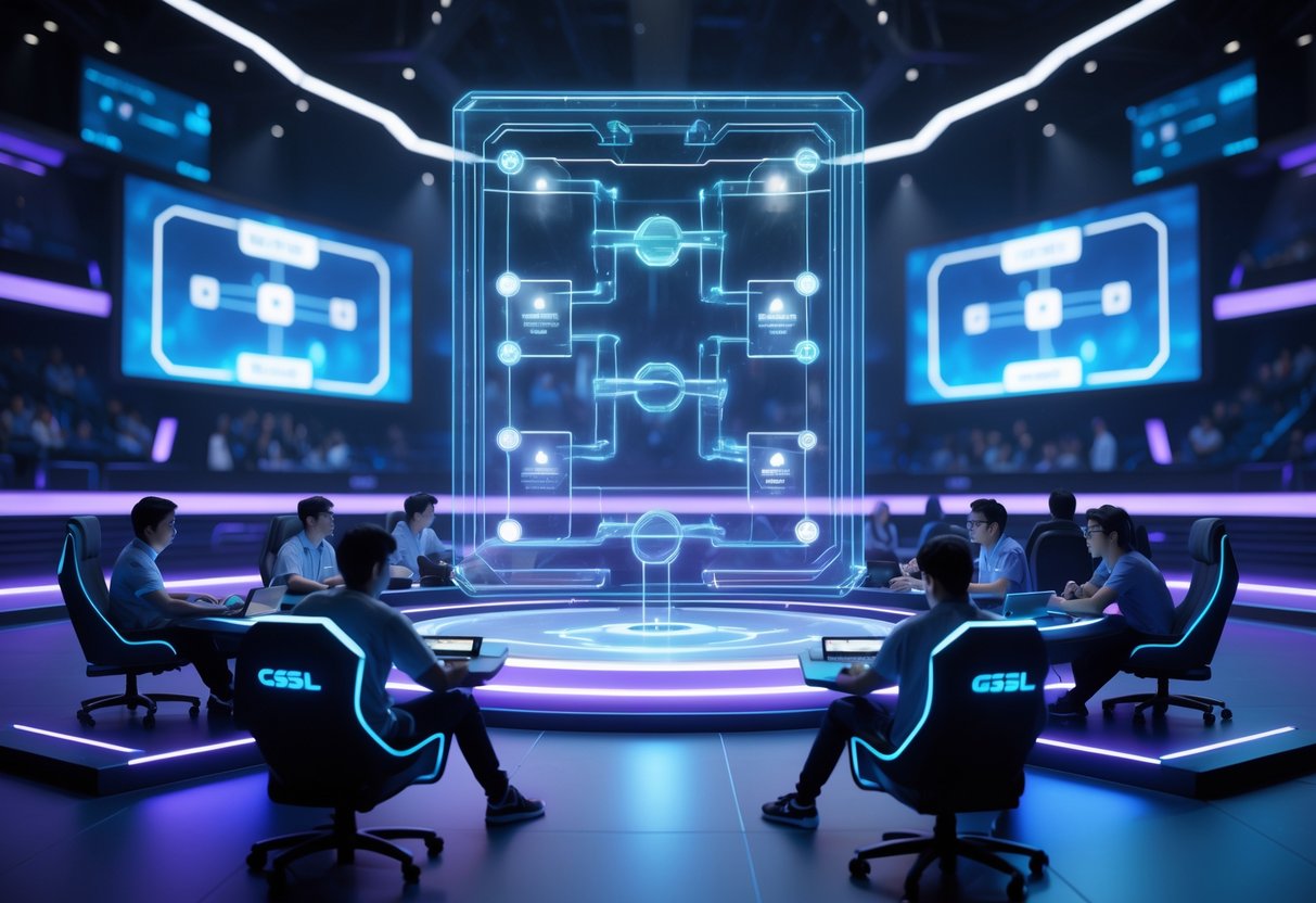 A futuristic esports arena with a large floating 3D tournament bracket and players discussing strategy around gaming setups.