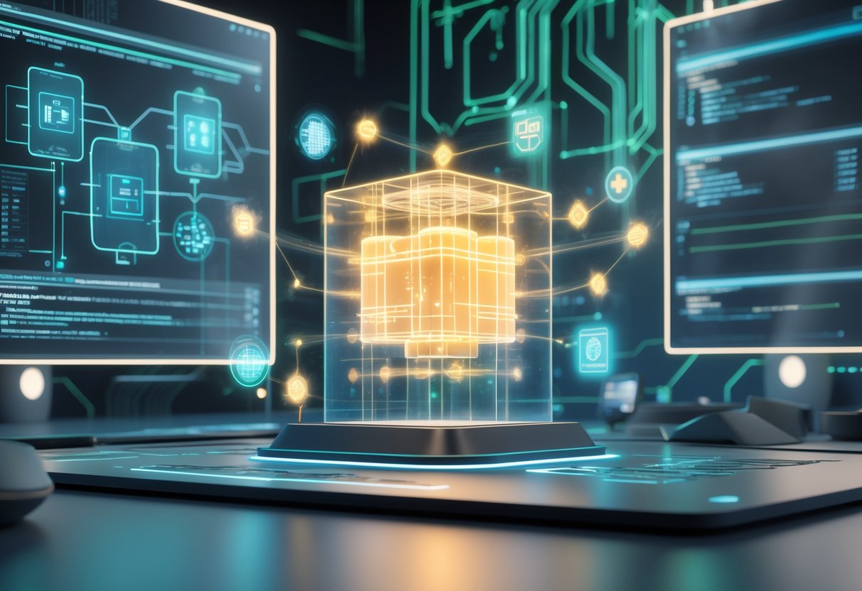A 3D scene showing a glowing multi-layered cube surrounded by floating icons and holographic data screens in a futuristic digital workspace.