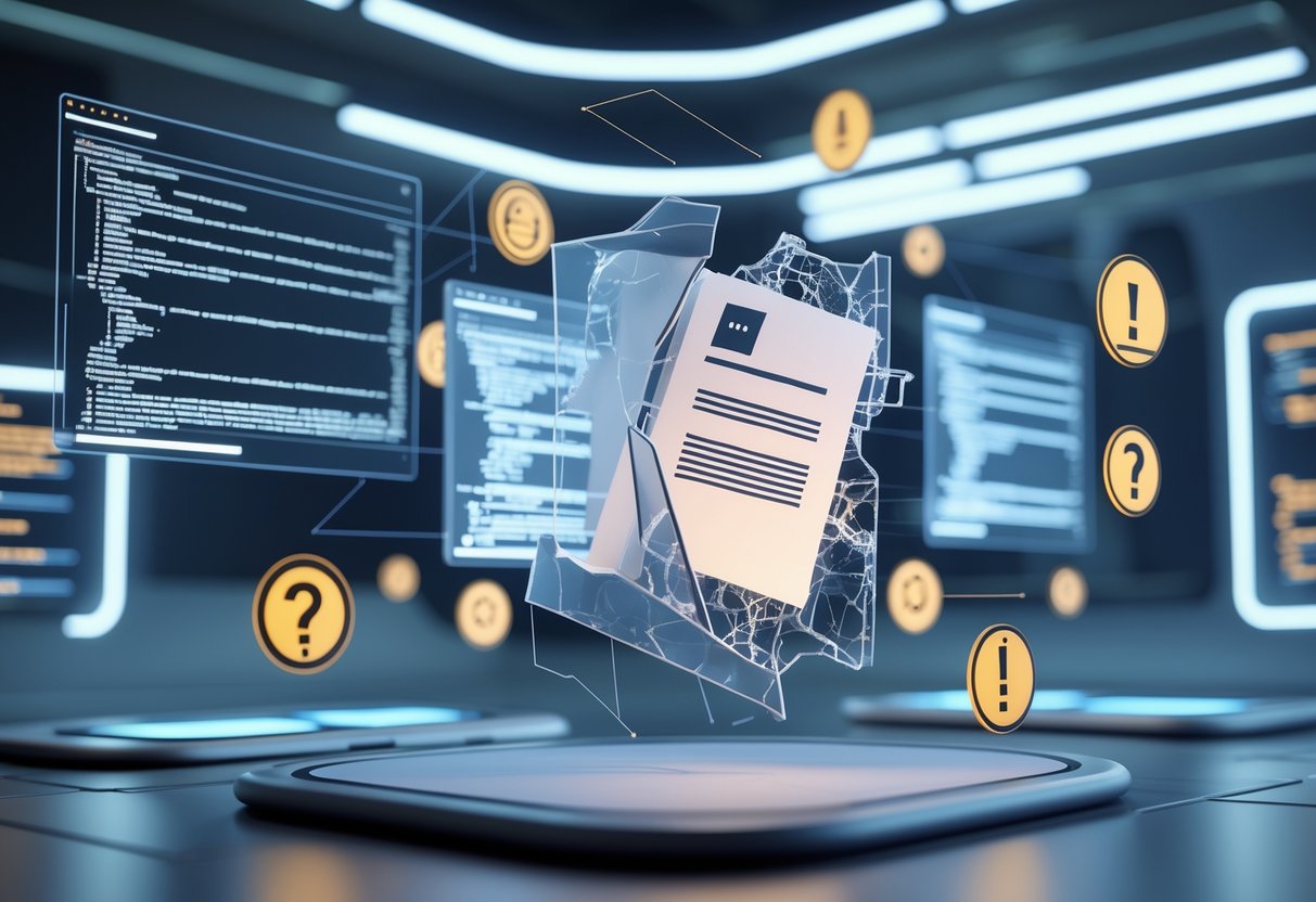 A 3D scene showing a digital workspace with floating holographic screens and a semi-transparent fragmented document symbol surrounded by icons representing warnings and questions.
