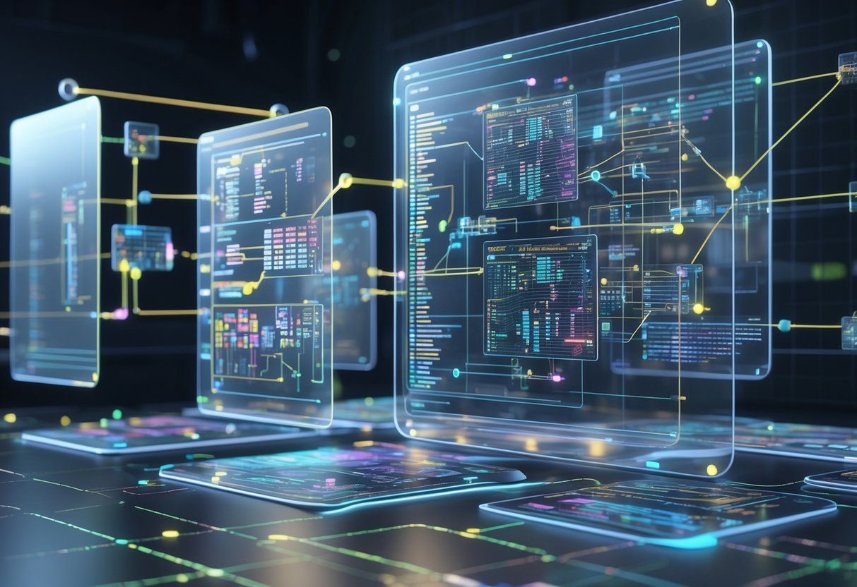 A 3D digital workspace showing interconnected holographic panels with colourful schematics and flowcharts representing variations and modifications of a data format.