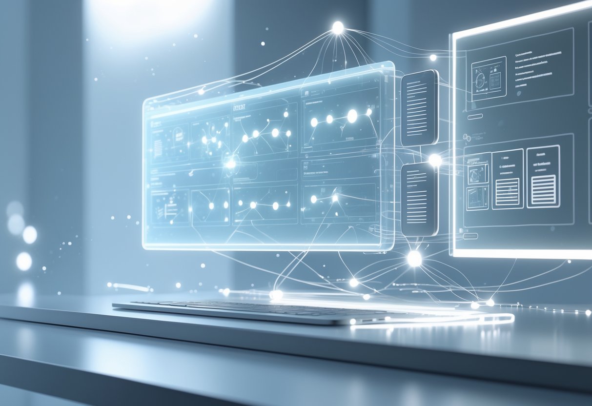 A futuristic digital workspace with layered holographic panels and interconnected nodes representing organised questions and answers.