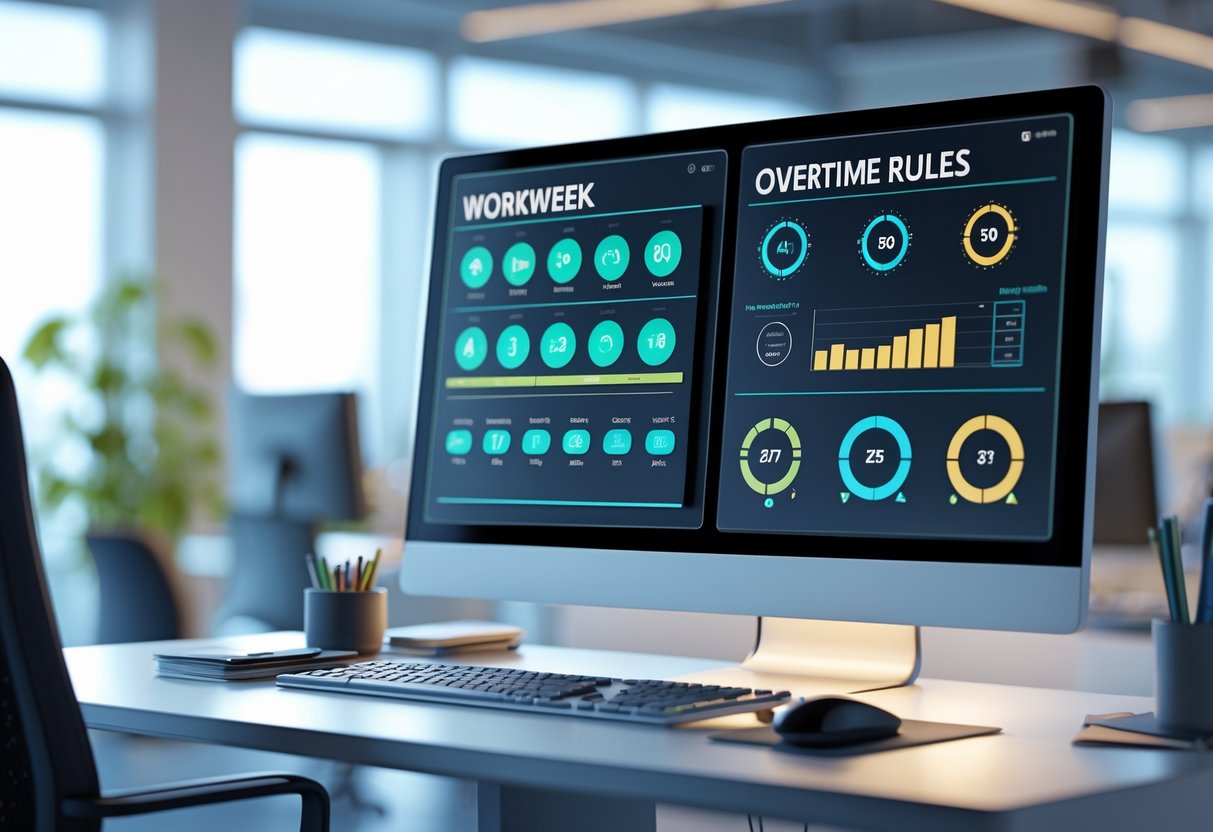 A 3D rendered office desk with a digital dashboard showing visual comparisons of workweek and overtime rules using icons and charts.