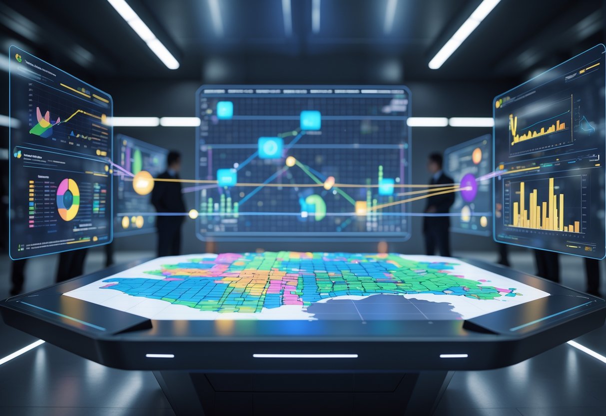 A futuristic control room with a large holographic table displaying a 3D map and floating panels showing charts and data, with figures working collaboratively around it.