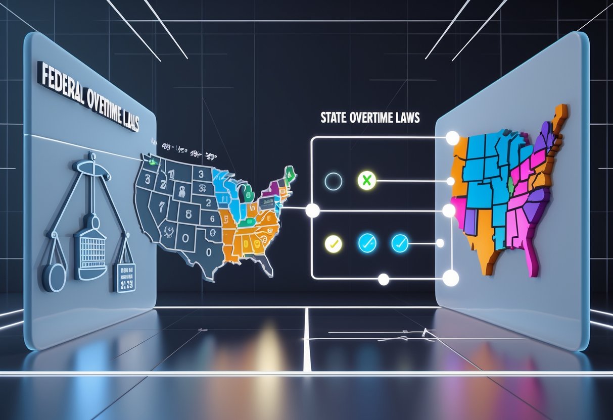 A 3D scene showing two glowing panels side by side representing federal and state overtime laws, with icons of clocks, government buildings, and state outlines connected by arrows and symbols to illustrate differences.