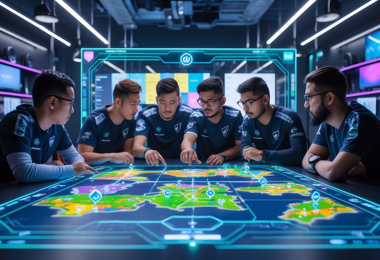 A team of esports players and coaches gathered around a holographic table with interactive game maps, discussing strategies in a high-tech room.