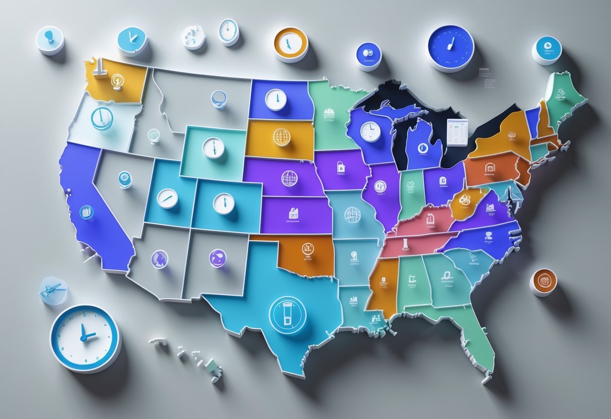 A 3D map of the United States showing each state in different colours with icons representing overtime rules above them.
