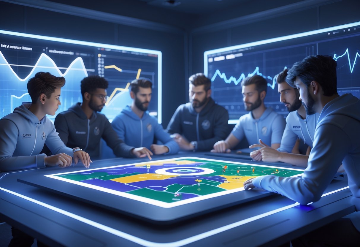 A futuristic digital room with holographic maps and avatars discussing game strategies around a glowing table.