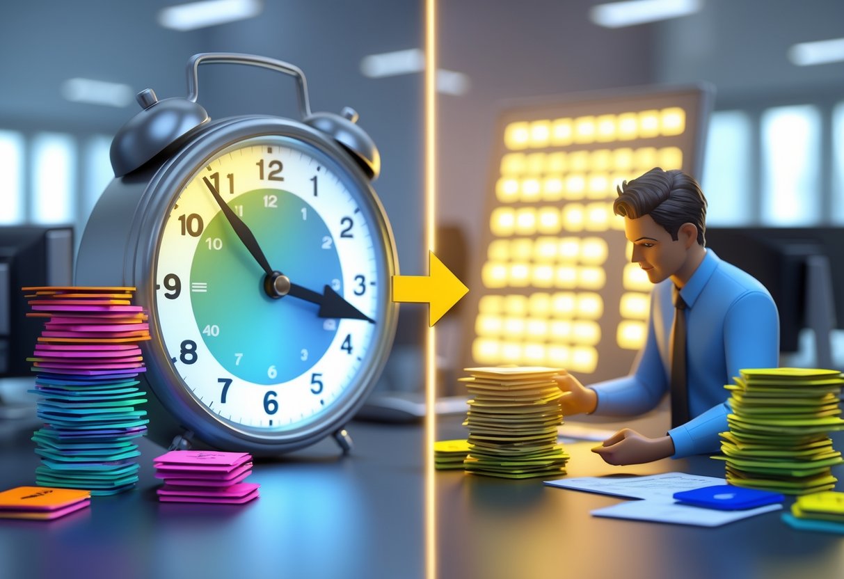 A 3D image showing two sides: one with a clock and time cards representing extra time off, and the other with money and pay slips representing extra pay, with office workers in a modern office setting.