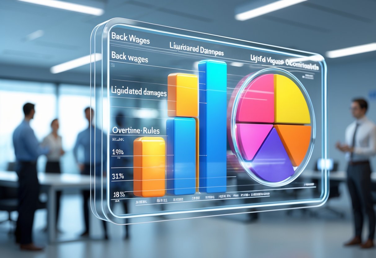 A 3D digital infographic display comparing back wages, liquidated damages, and unpaid wages overtime rules with colourful charts in a modern office setting.