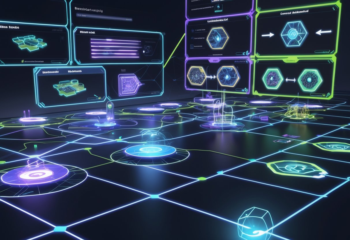 A 3D digital battlefield map with glowing zones and holographic panels showing strategic veto moves and counter-strategies.