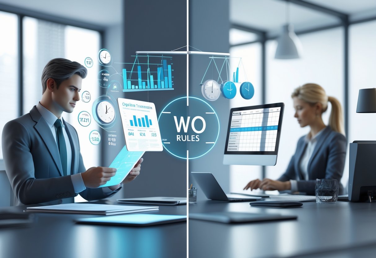 A split office scene showing an employer reviewing documents and an employee working at a desk with a timesheet, connected by a digital scale symbolising balance in overtime rules.
