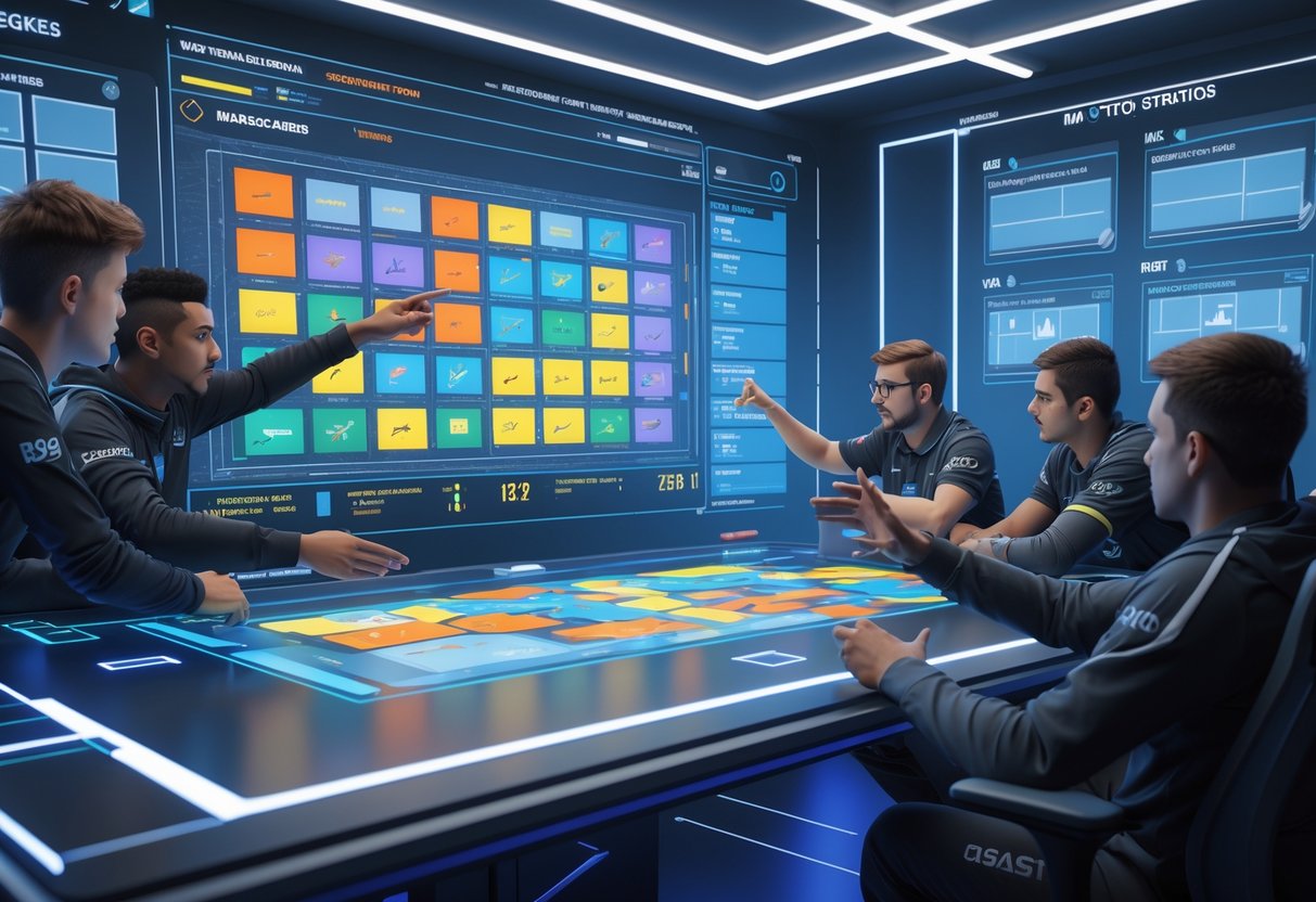 A group of esports players and coaches gathered around a holographic table displaying a map selection interface, discussing and pointing at the maps in a high-tech room.