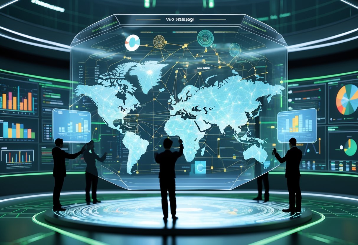 A futuristic digital control room with a holographic map showing interconnected nodes and data visualisations, surrounded by floating screens and people interacting with the displays.