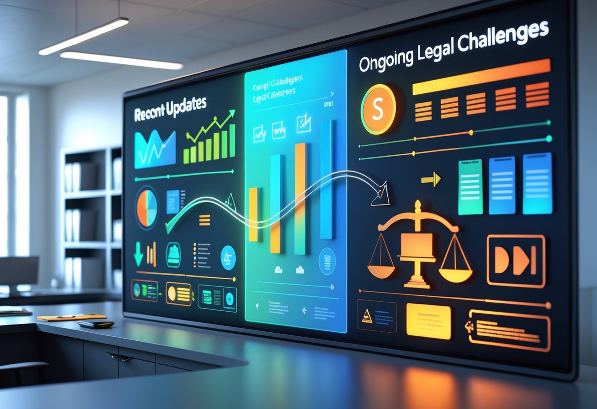 A 3D scene showing a digital display with visual comparisons of recent updates and ongoing legal challenges, including legal symbols and charts in a modern office setting.