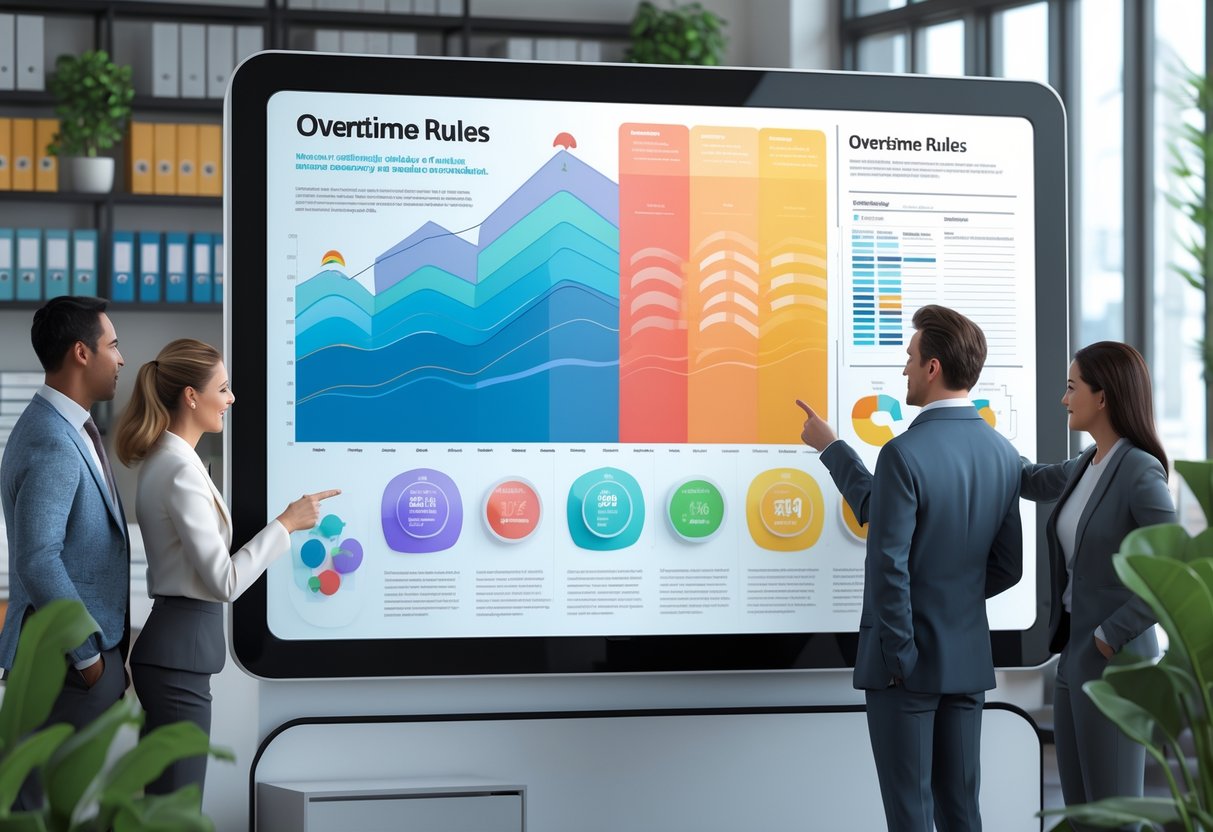 A group of professionals gathered around a digital table displaying colourful charts and icons comparing overtime rules in a modern office.