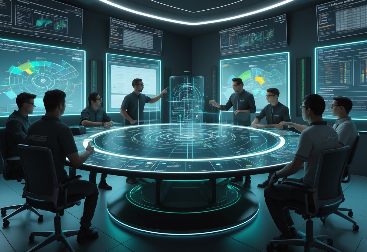 A group of players and analysts gathered around a holographic table displaying a 3D map with highlighted zones, discussing strategies in a futuristic digital room.