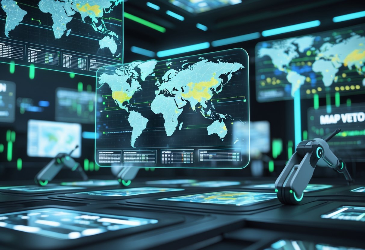 A futuristic control room with floating holographic maps and digital panels showing evolving map veto strategies.