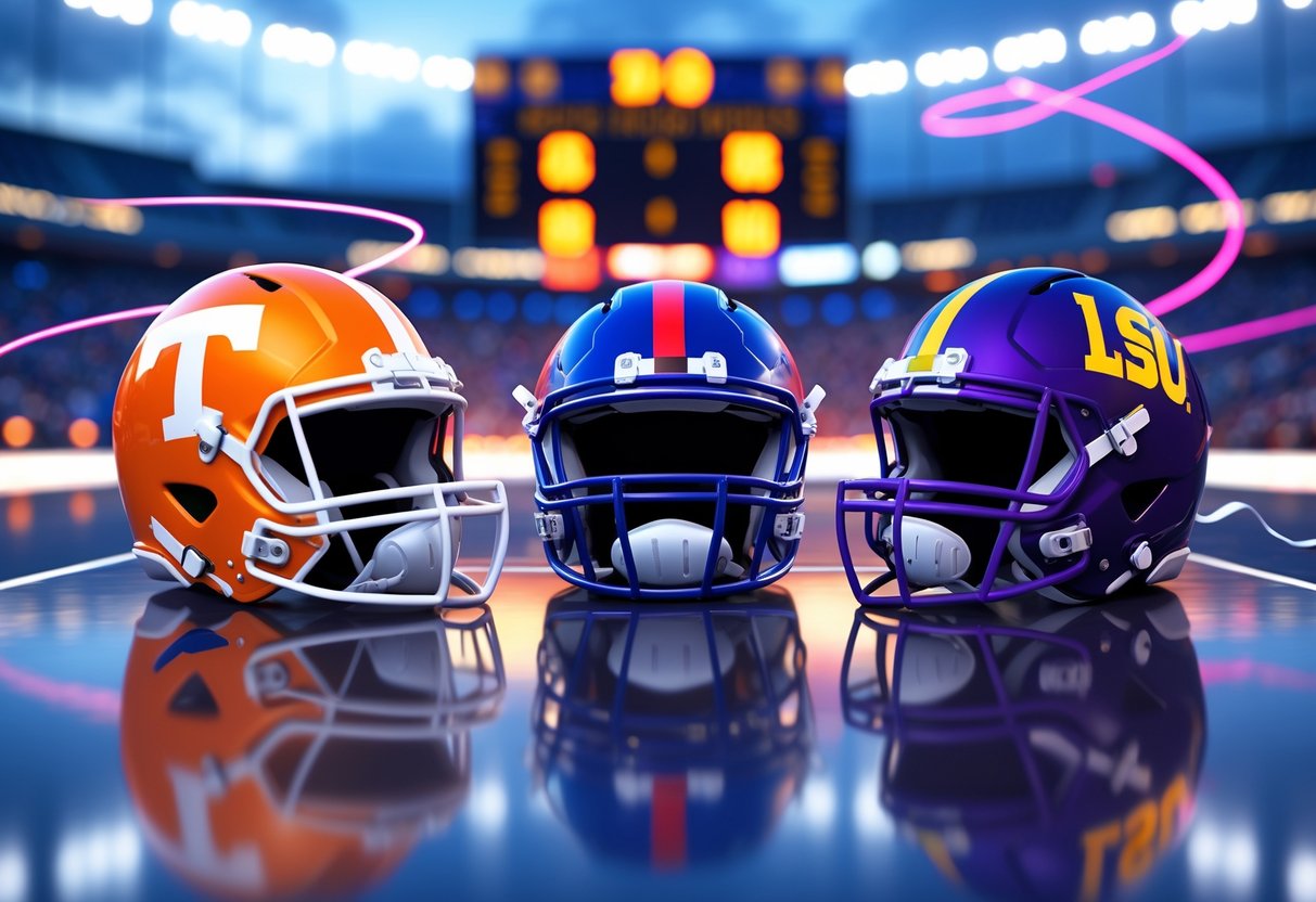 Three football helmets representing Tennessee, Ole Miss, and LSU placed on a reflective surface with a stadium background and glowing lights, symbolising a close tiebreaker in a football race.