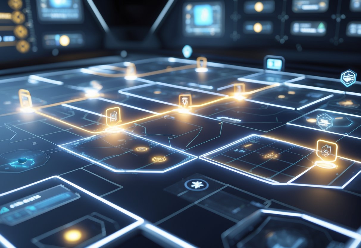A 3D scene showing a futuristic map with highlighted zones and arrows indicating strategic veto options in a control room setting.