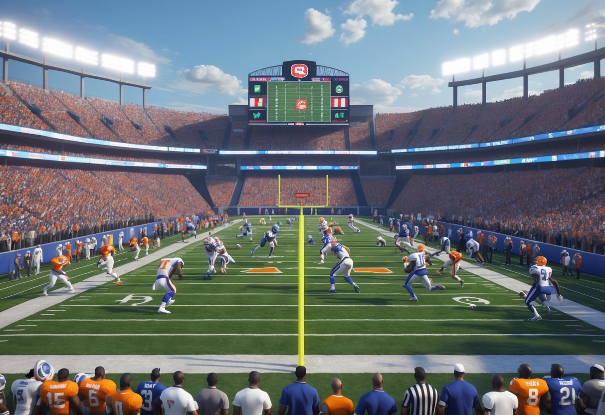 A crowded football stadium with players in action on the field during a close, important college game.