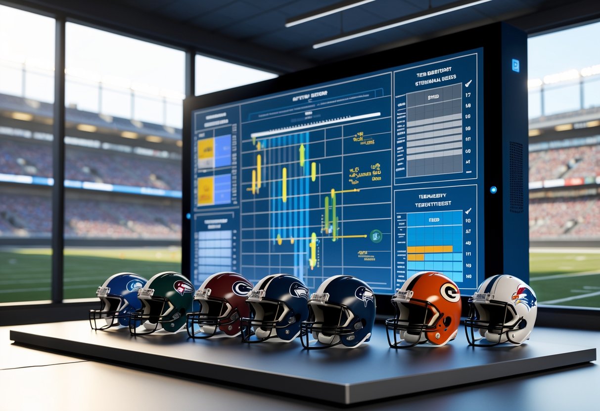 A 3D scene showing a digital board with charts and miniature NFL helmets on a table, illustrating NFL tiebreaker scenarios in a sports strategy room.