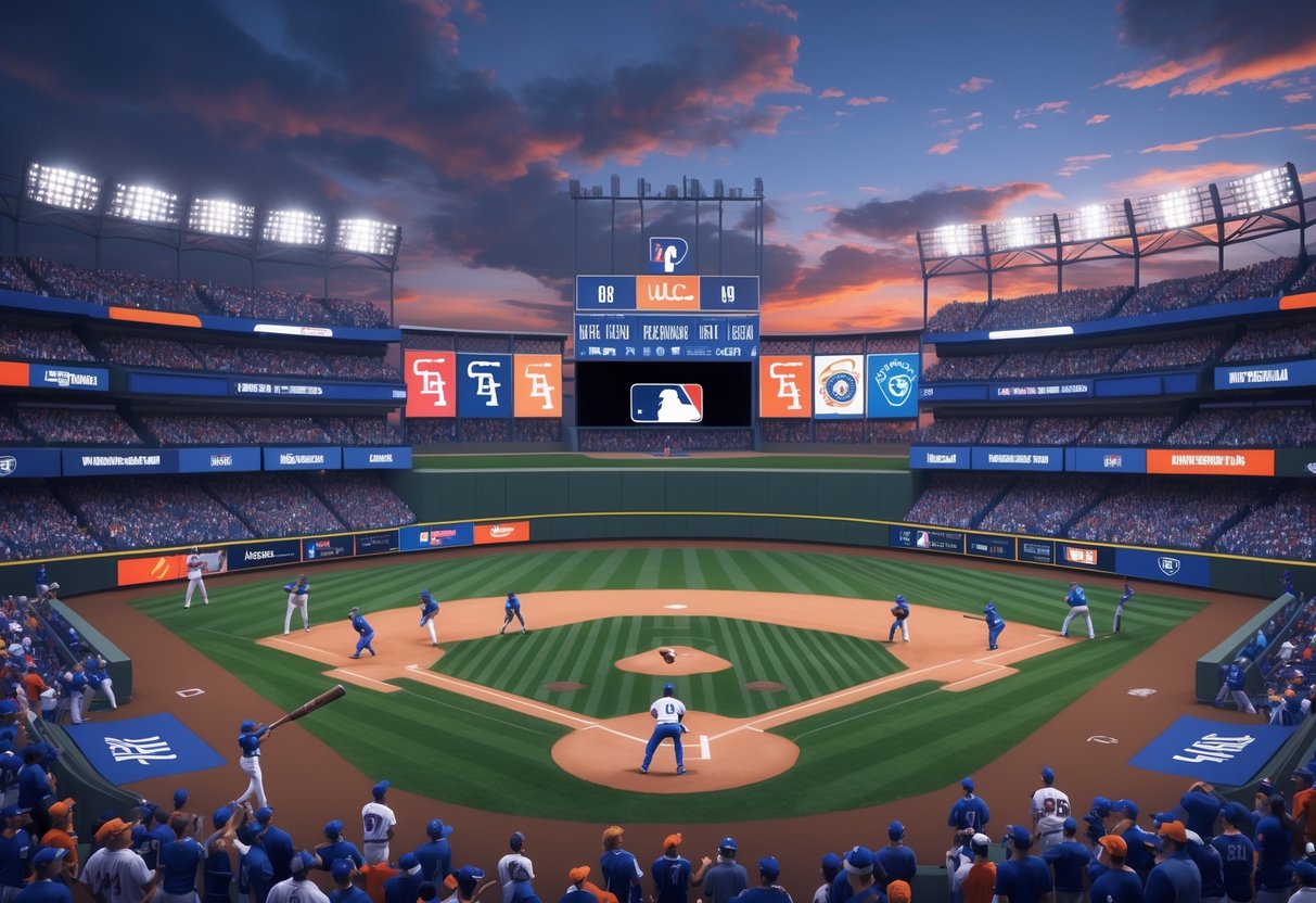 A baseball stadium filled with fans during a close playoff game, showing players on the field ready for action under bright lights.