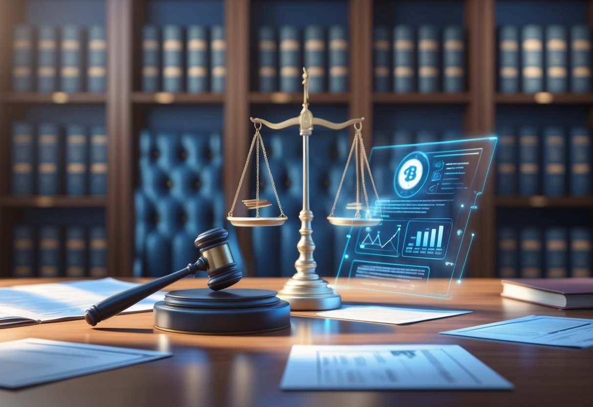 A courtroom scene with a judge's bench, a gavel, and a balanced scale of justice surrounded by legal documents and market graphs.