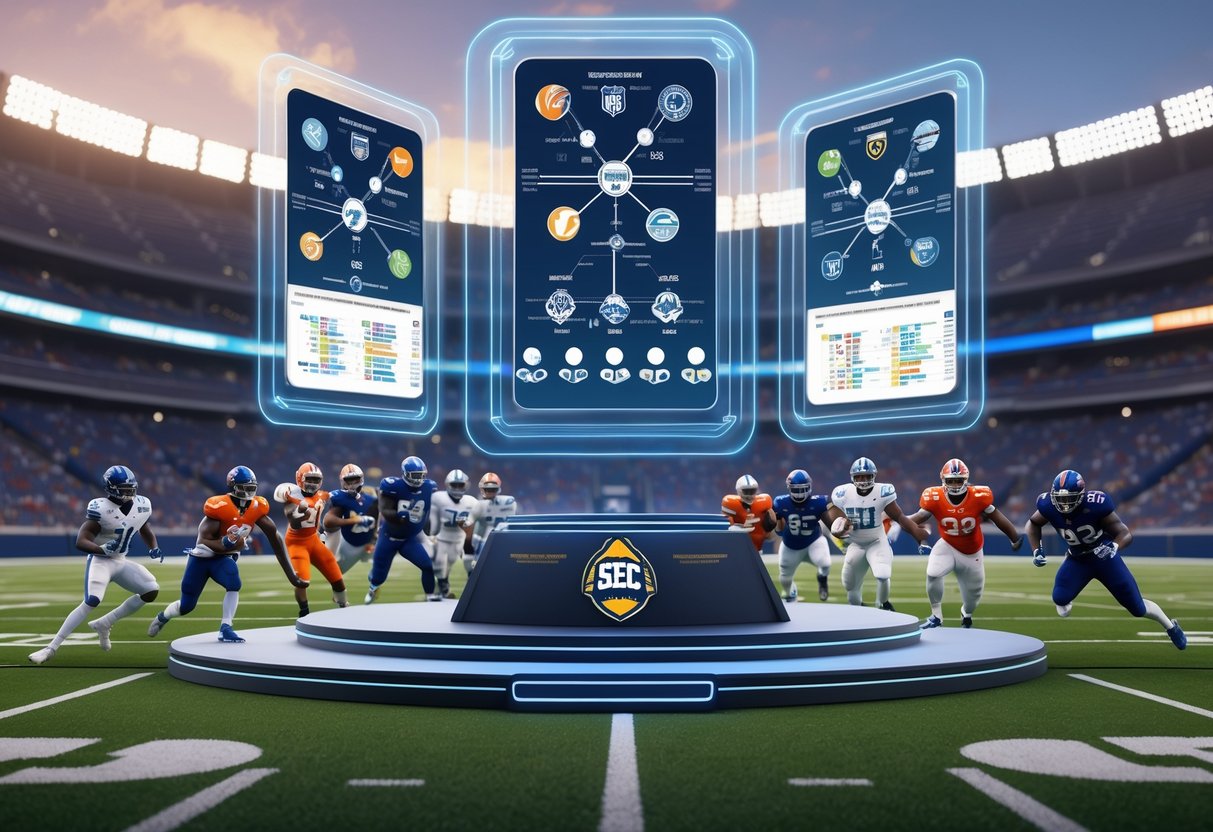 A stadium scene showing football players and floating holographic diagrams representing conference tiebreaker scenarios beyond the SEC.