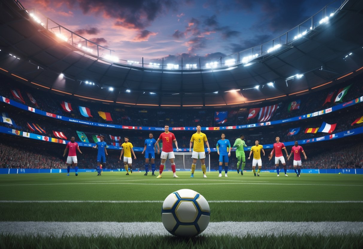 A football stadium filled with fans watching two teams preparing for a penalty shootout during a tied match.