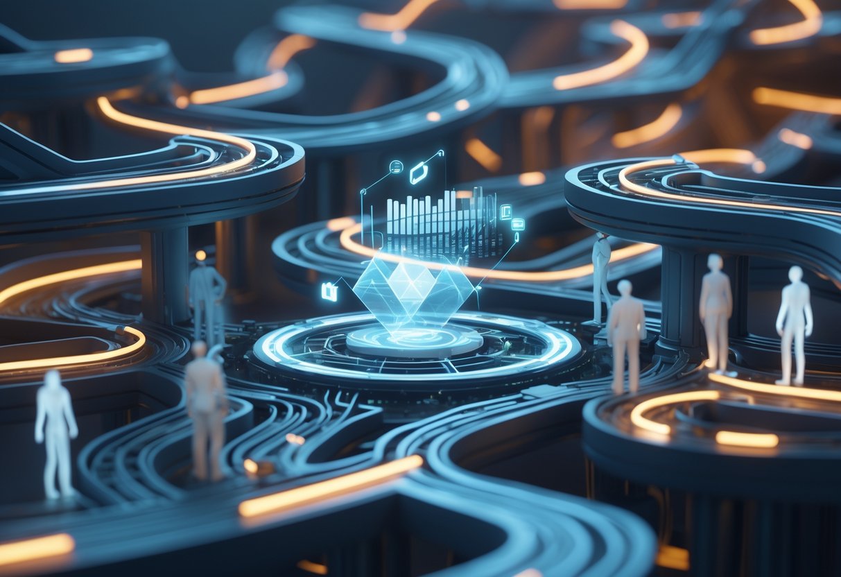 A complex maze with multiple pathways and bridges, featuring floating holographic shapes and figures analysing routes in a tense decision-making environment.