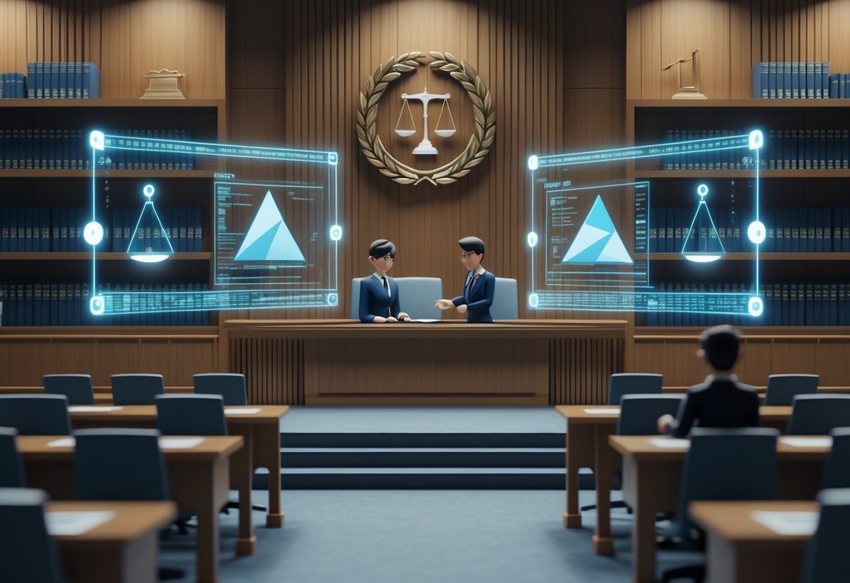 A courtroom scene with a lawyer and an official discussing documents in front of a judge's bench, surrounded by legal books and symbols representing justice.