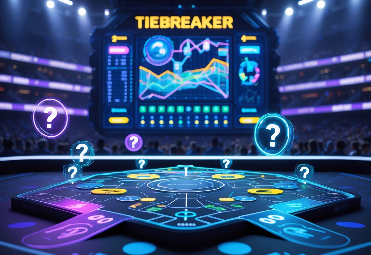 A 3D scene of a futuristic sports arena with a digital scoreboard, a complex game board showing tiebreaker scenarios, and floating icons representing competition, all set in a vibrant, energetic environment.
