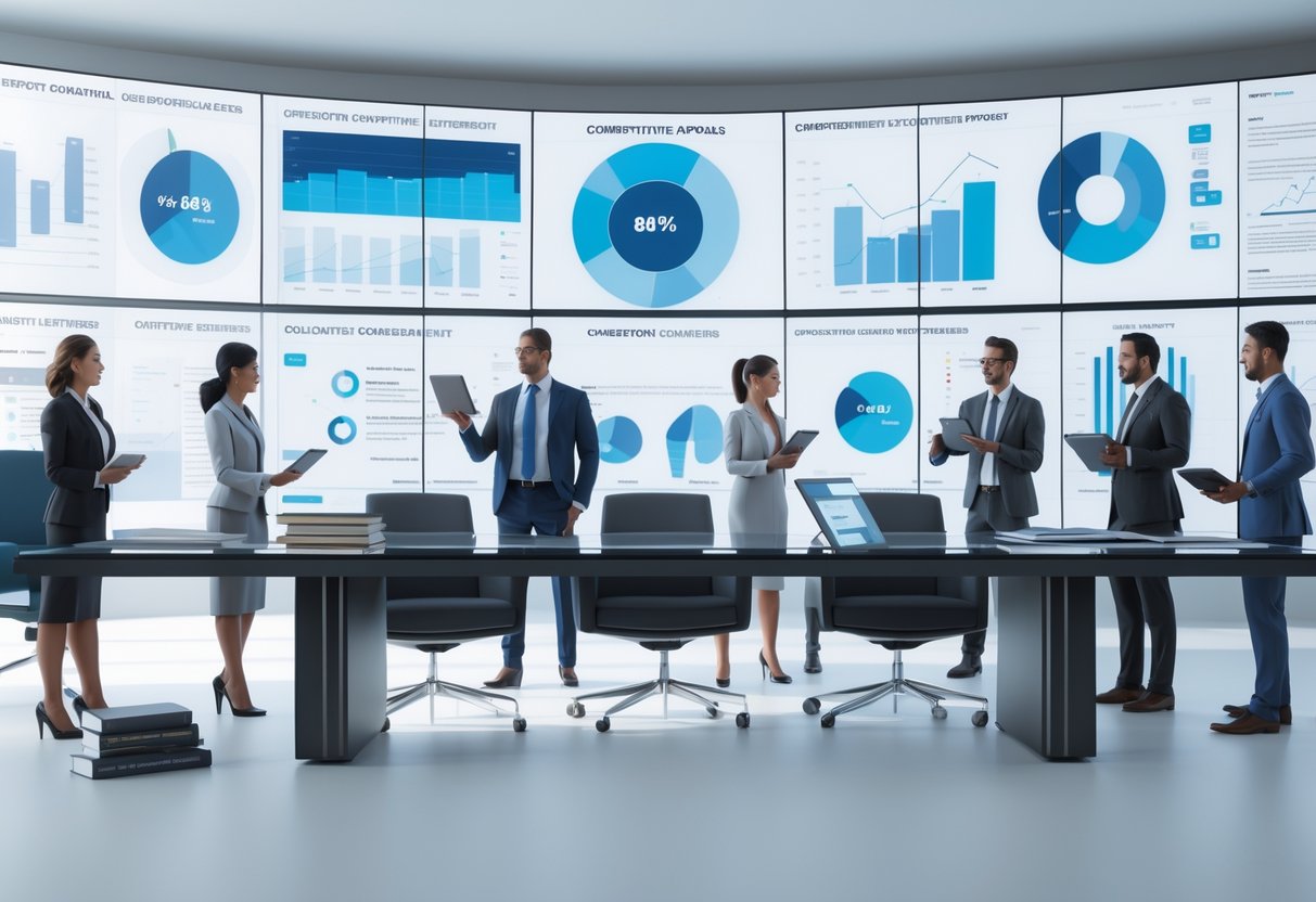 A group of business professionals in a conference room reviewing documents and digital screens showing charts and data, symbolising a competitive appeals process.