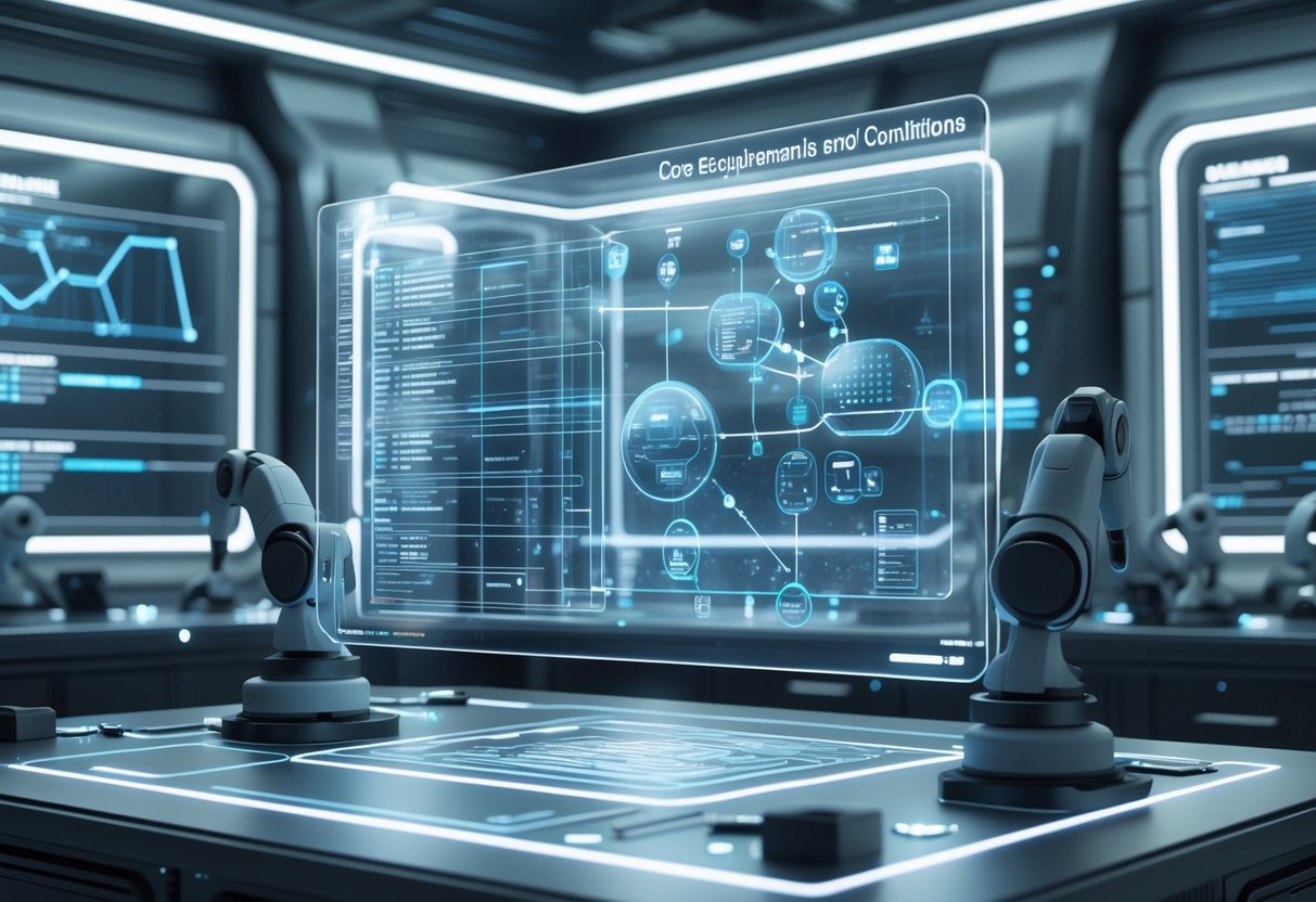 A futuristic control room with holographic screens and robotic arms displaying complex data and system checks.