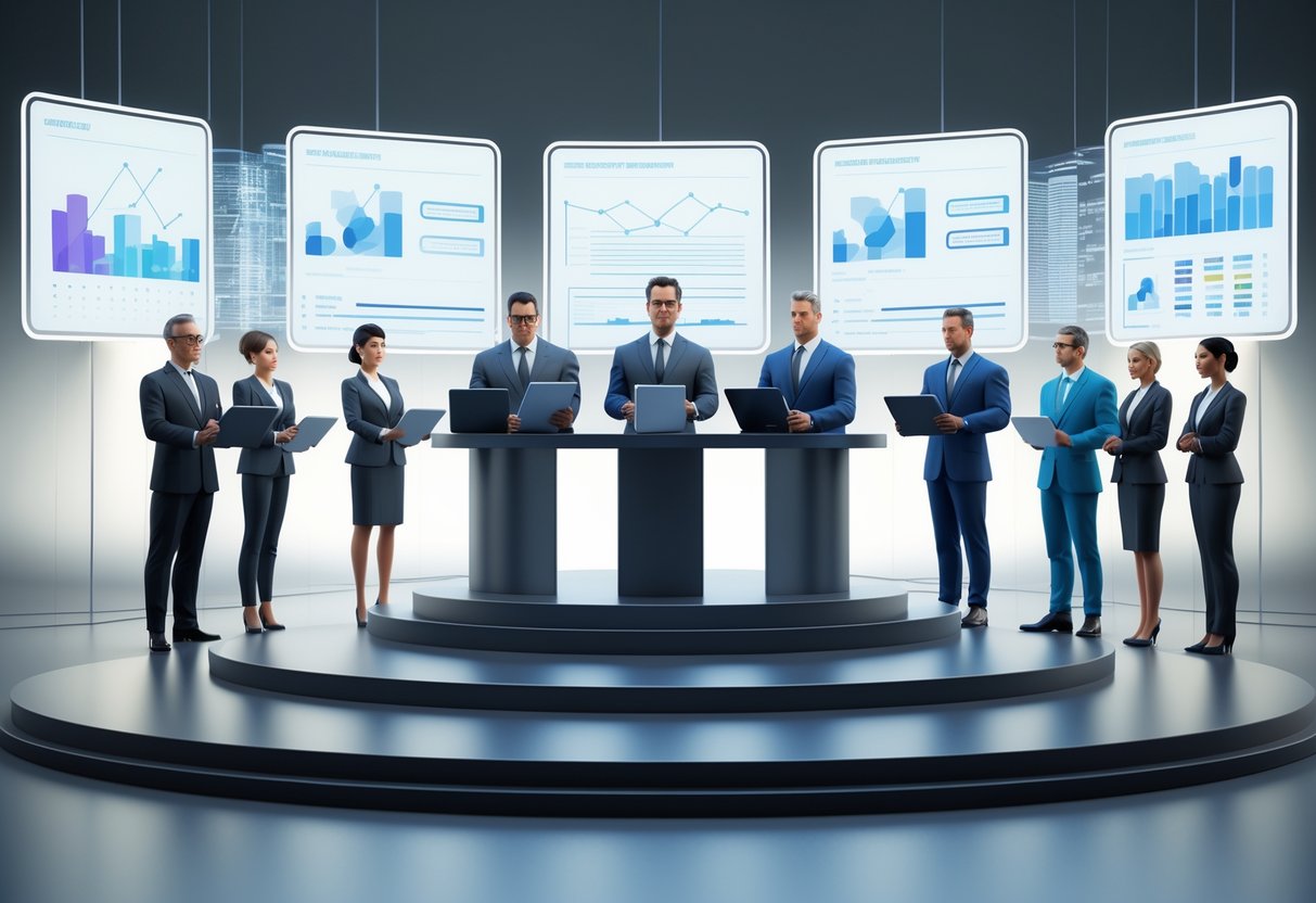 A courtroom scene showing judges reviewing documents while professionals present their cases, with digital screens displaying data around the room.