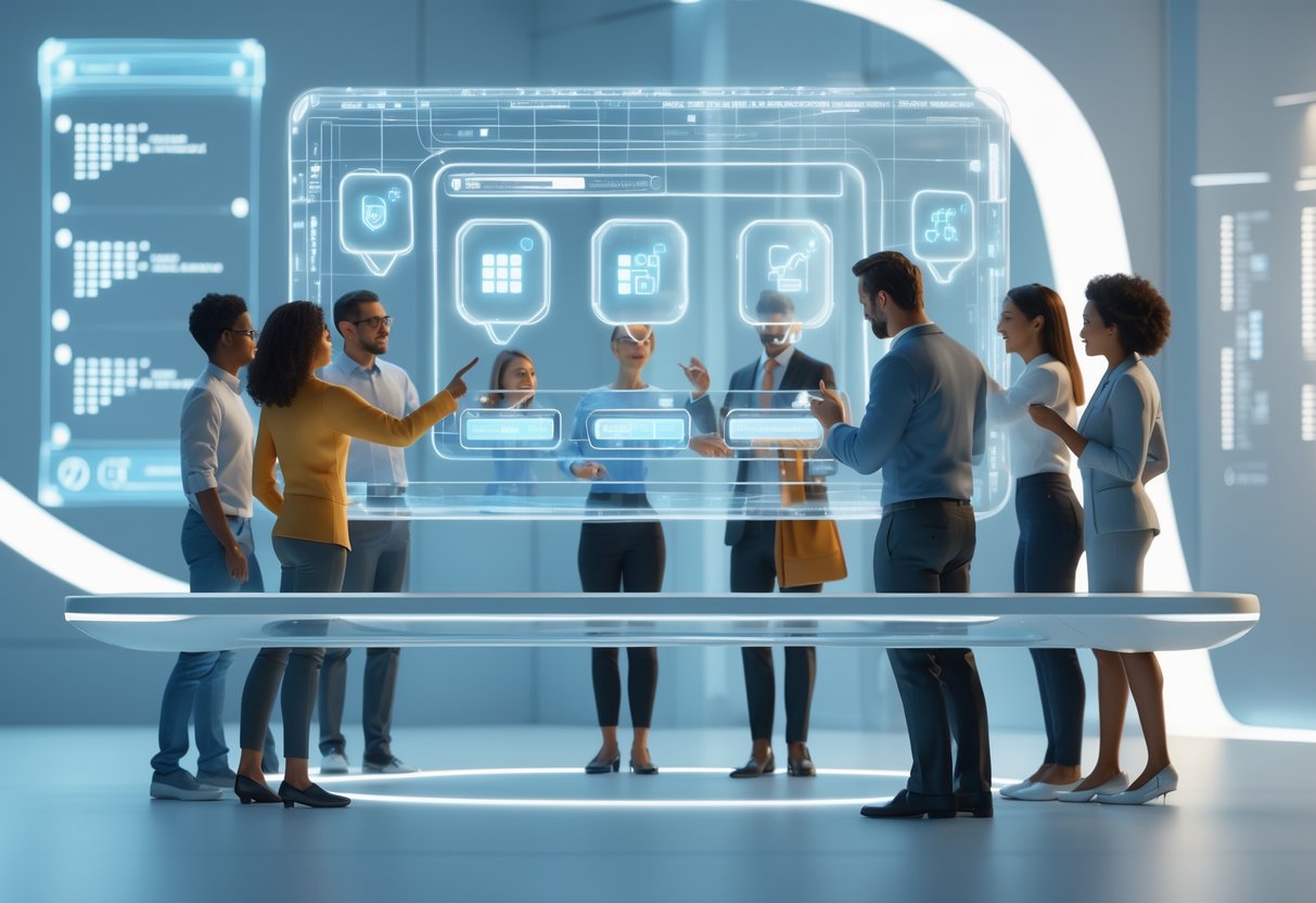 A group of people gathered around a holographic voting interface in a modern high-tech room, interacting with floating digital icons.