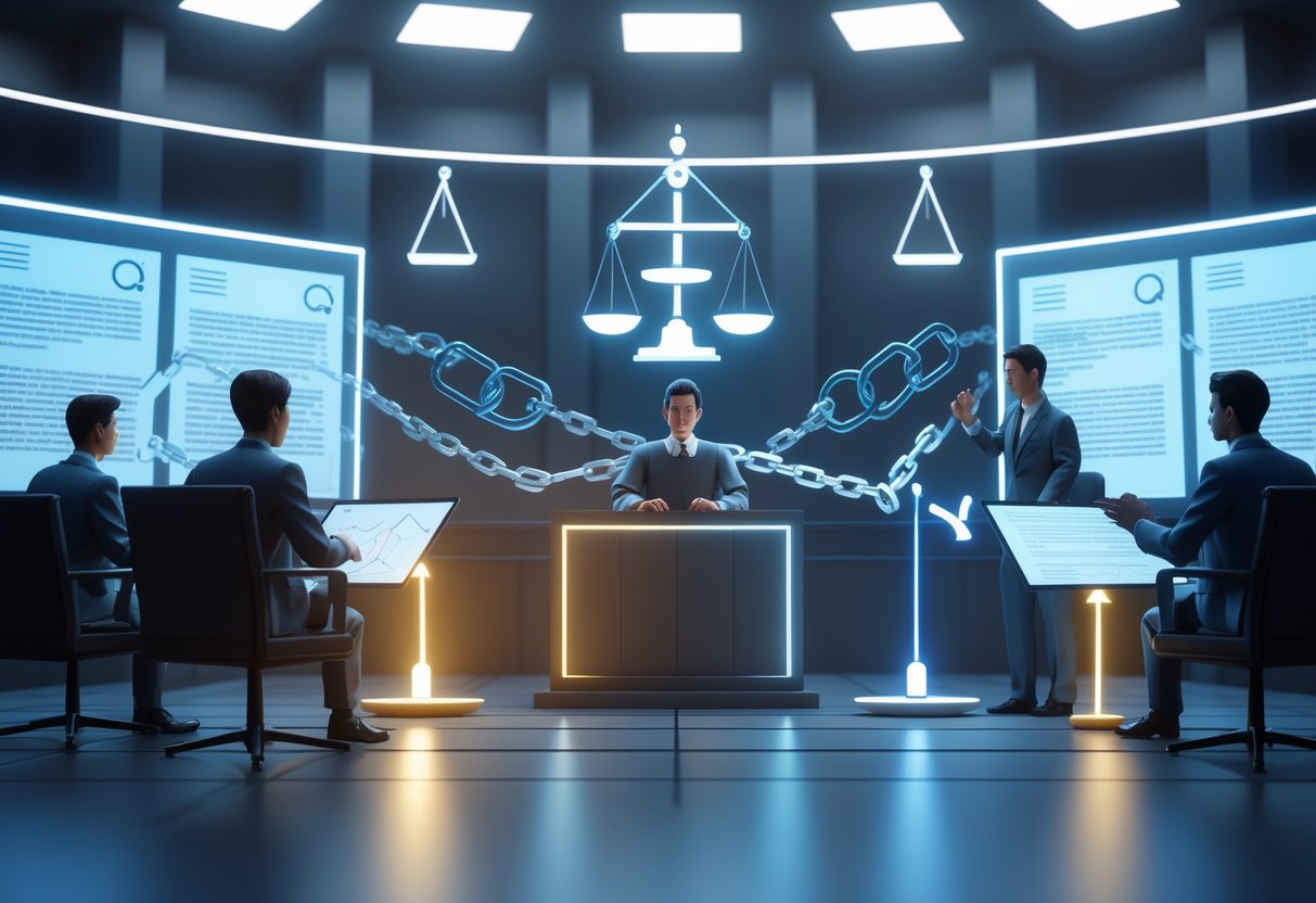A courtroom scene showing a judge, lawyers, and digital displays with symbols of justice and broken chains representing competition law disputes.