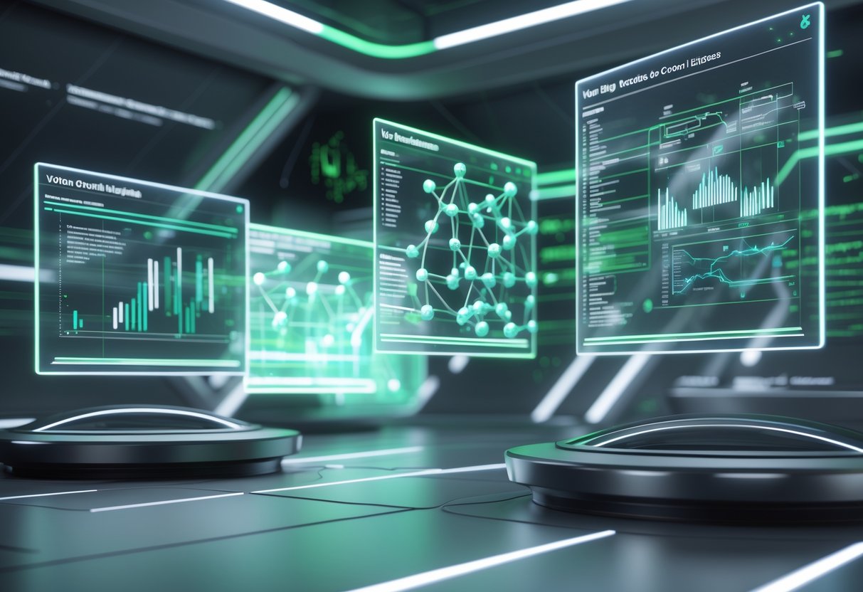 A futuristic control room with floating holographic screens showing complex data visualizations about voting outcomes and remake conditions.
