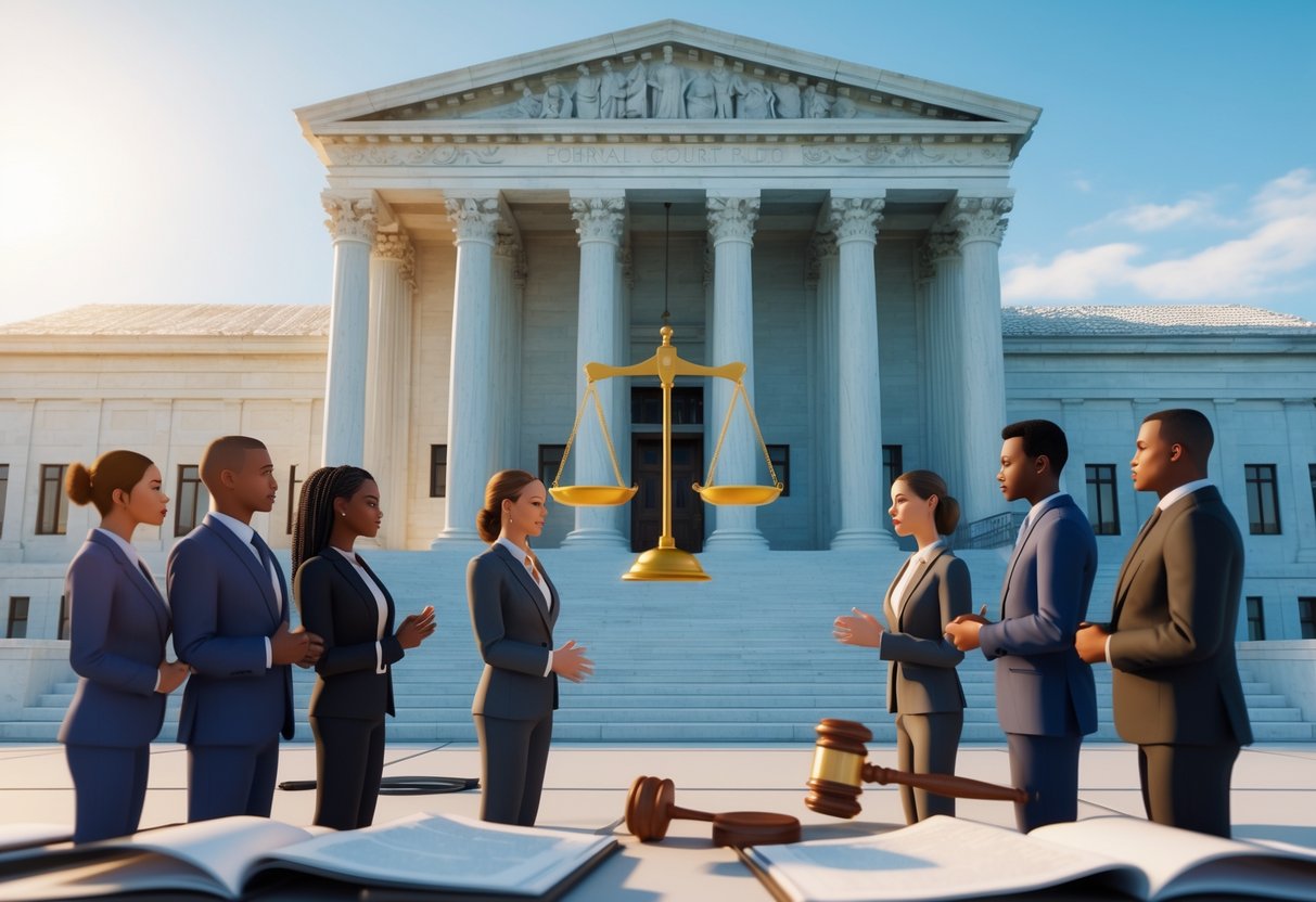The front of the Supreme Court building with two groups of people discussing near a glowing scale of justice, symbolising a competitive legal appeal.