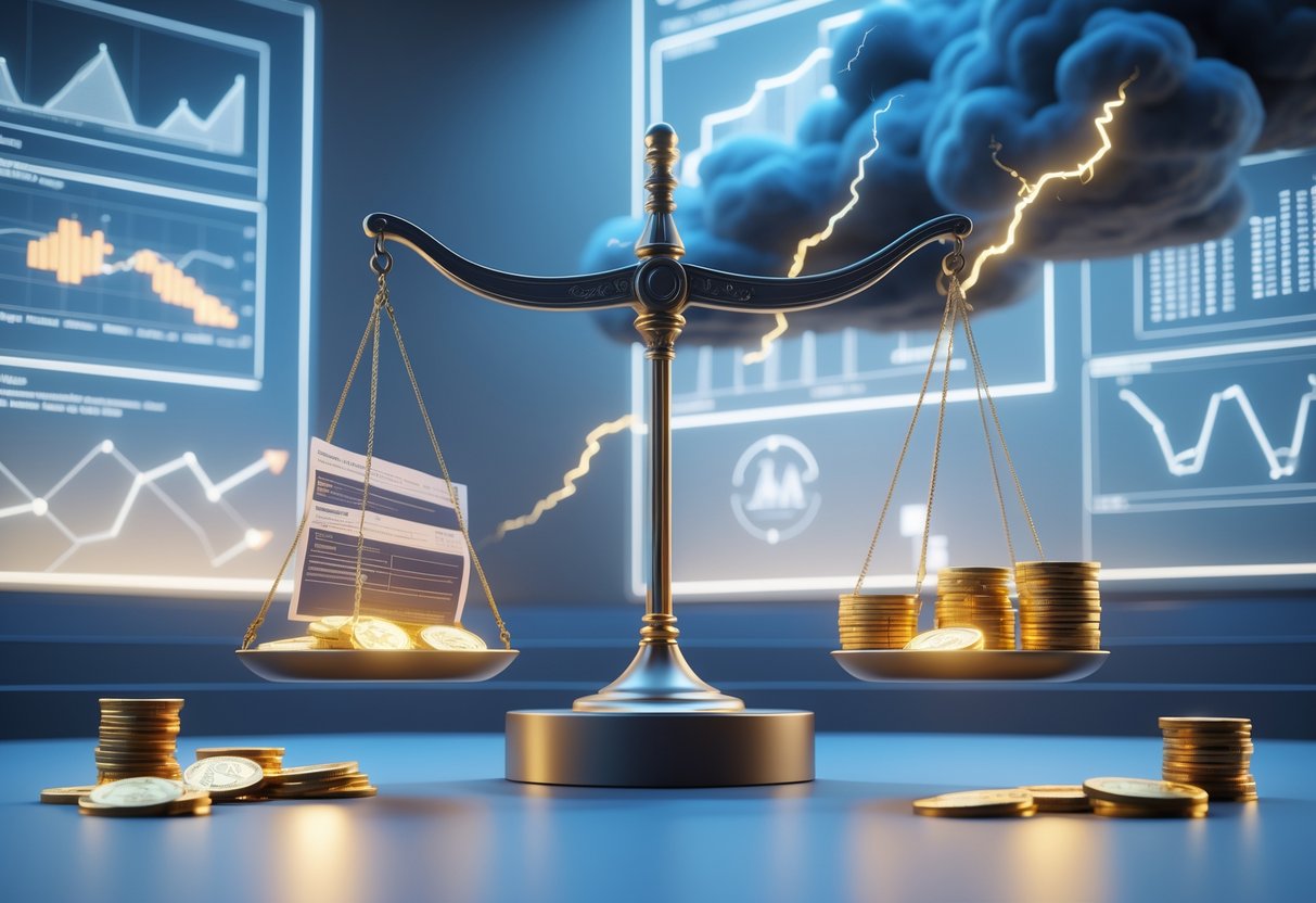 A 3D scene showing a judicial scale with golden coins and documents on one side and dark storm clouds on the other, set in a futuristic courtroom with holographic displays.