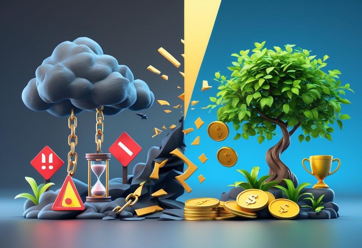 A 3D scene showing a split view with dark stormy elements and broken chains on one side representing penalties, and bright sunshine with flourishing plants and a trophy on the other side representing rewards.
