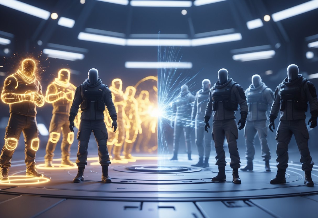 A 3D scene showing two groups of players in a game arena, one group reacting to impacts with glowing effects, the other standing calmly without effects.