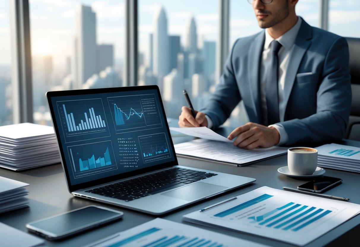 A businessperson reviewing documents at a desk with a laptop, folders, and digital devices in an office overlooking a cityscape.