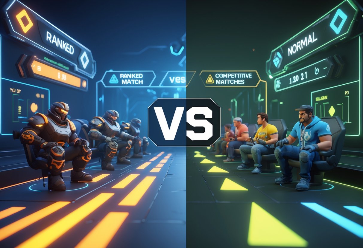 A split scene showing two gaming match environments side by side, one intense and competitive, the other relaxed and casual, with digital elements indicating game remake conditions.
