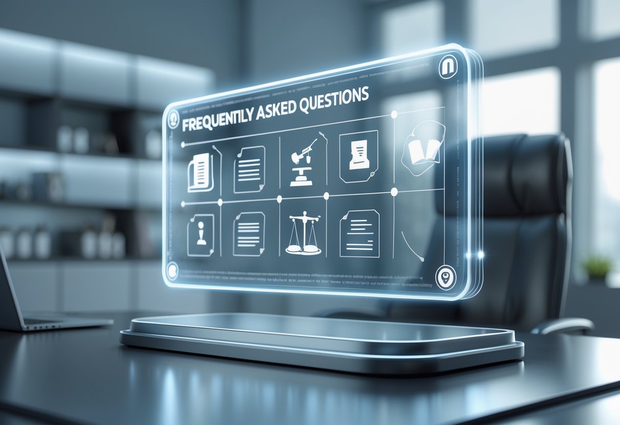 A modern office desk with a floating holographic screen showing icons related to legal appeals and frequently asked questions.
