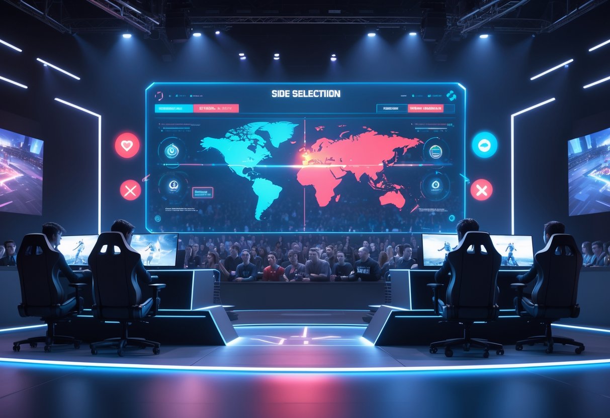 A 3D scene of two esports teams facing each other across a stage with a glowing holographic map between them, showing the strategic choice of sides in a professional match.