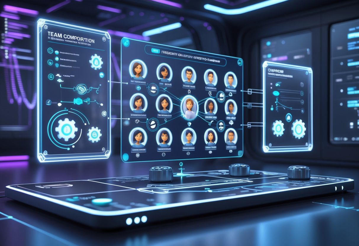 A futuristic workspace with holographic avatars and floating panels showing team roles and conditions for adjusting the team setup.